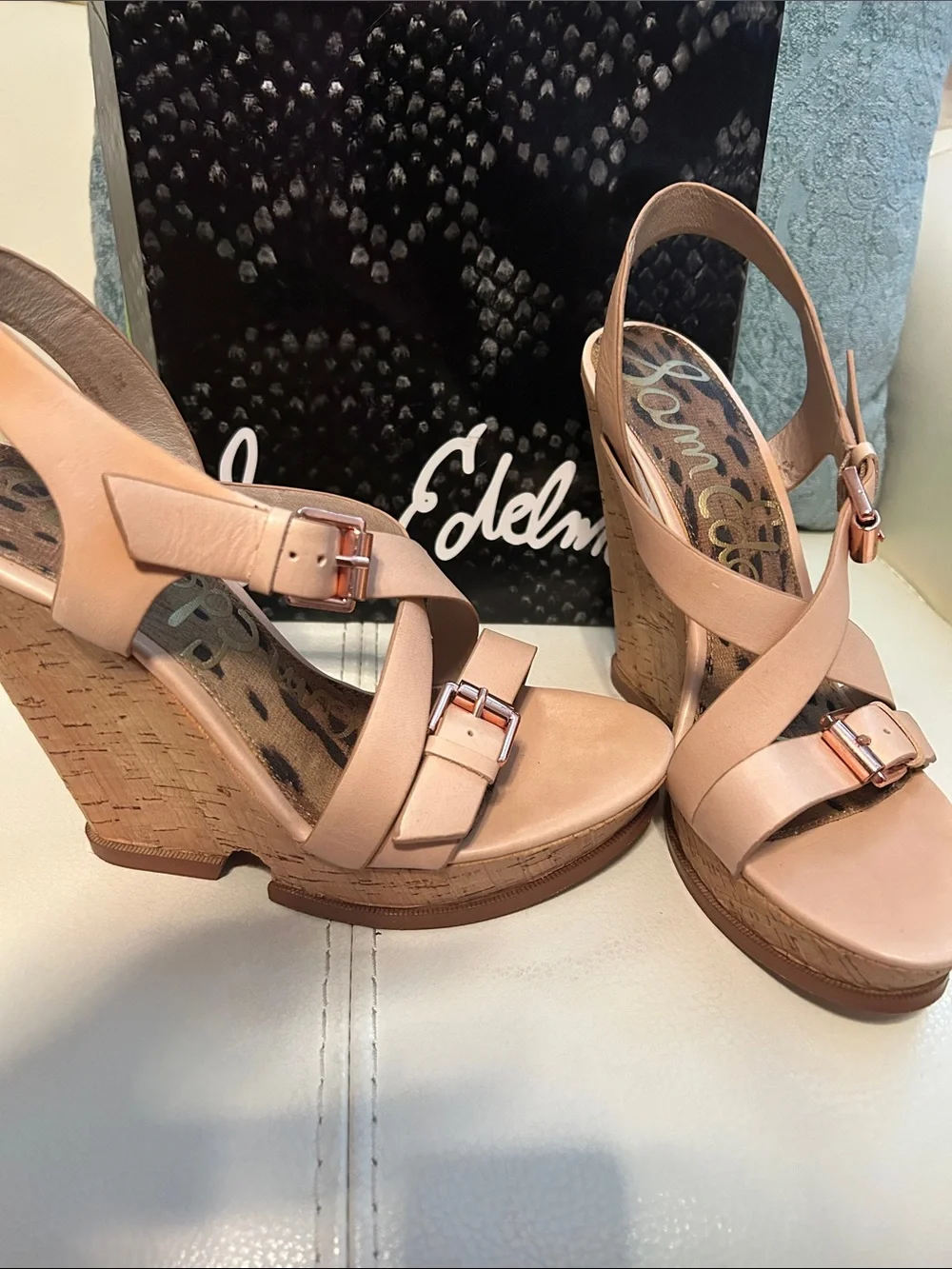 Sam Edelman Blush Tan Leather Cork Wedge Sandals
